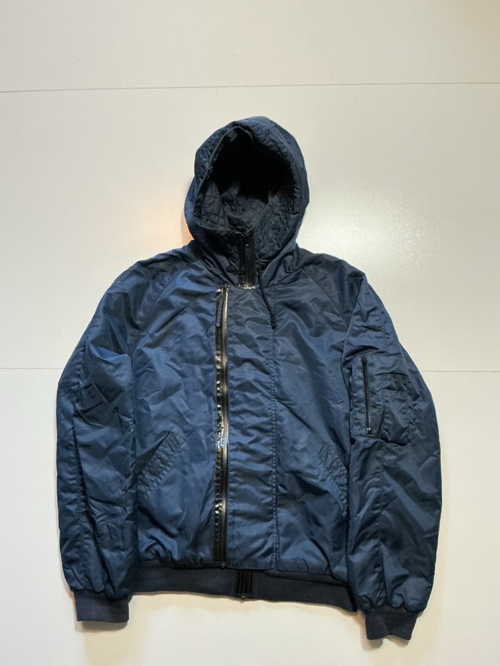 WHYRED Double Zip Navy Blue Military Army Hooded Bomber Flight Jacket